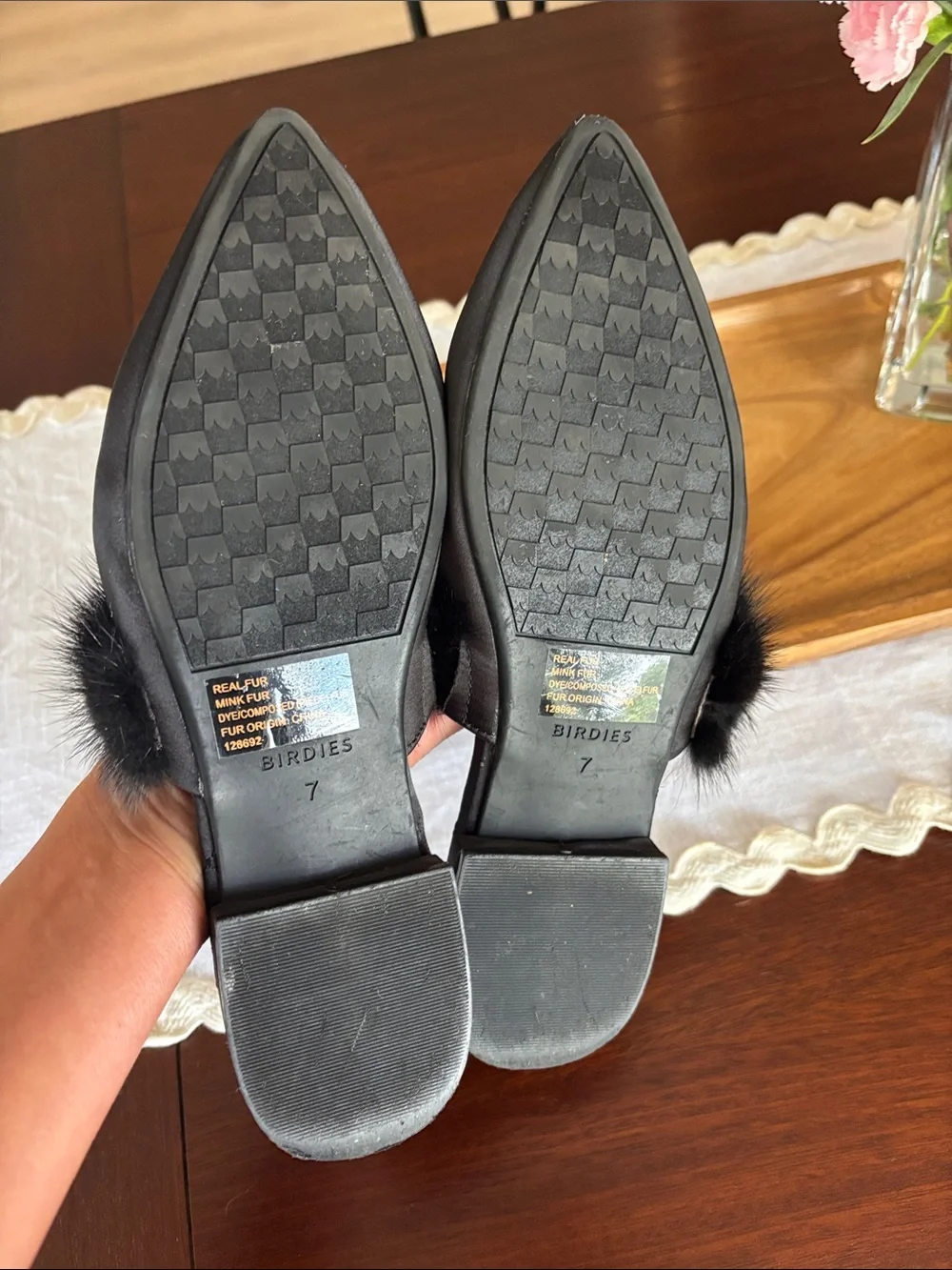 Birdies The Dove Onyx Black Mink Fur Womens Slip On Pointed Toe Mules  size 7